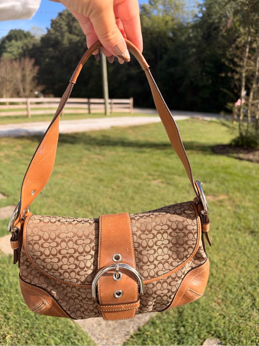 Coach Tan and Brown Signature Canvas Shoulder Bag with Leather Trim